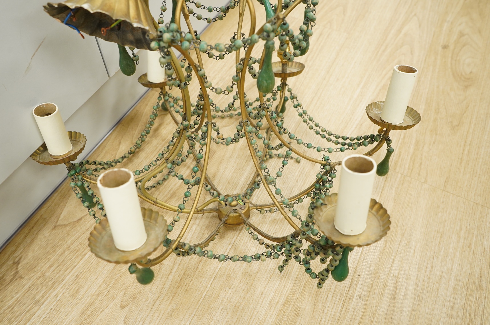 A beaded and gilt metal six branch electrolier, 86cm high